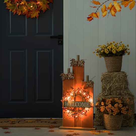 Glitzhome® 30" Fall Lighted Pumpkin & Wreath Décor with Timer